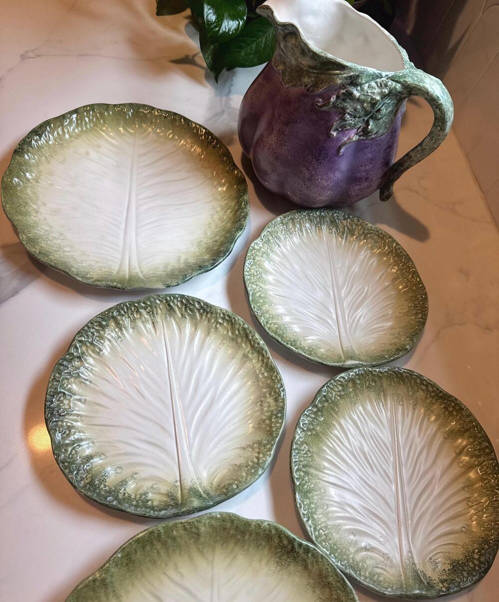 Vintage Italian Majolica Cabbageware Set: 5 Cabbage Leaf Plates + Pitcher